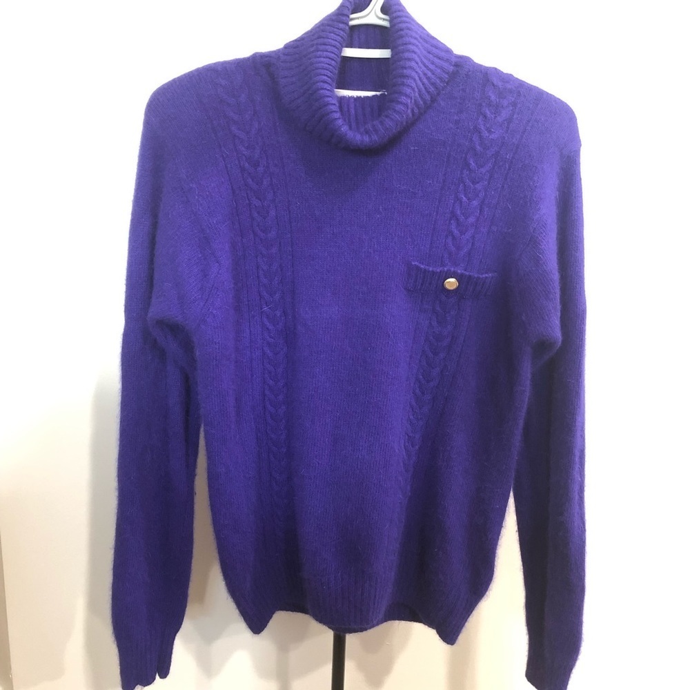 Vintage Angora Rabbit Hair Lambswool Turtle Neck Sweater Gold button Periwinkle